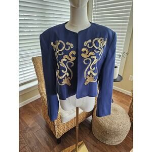 Mondi Vintage Blue Gold Embroidered Cropped Blazer Women's Size 44 Nautical